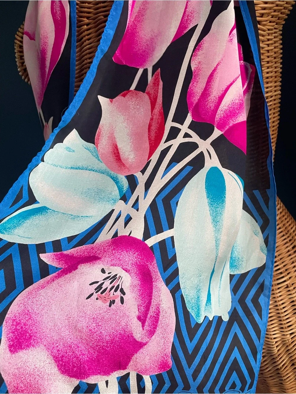 Vintage Oscar de la Renta Silk Scarf Tulip Floral Pink Blue Black Oblong